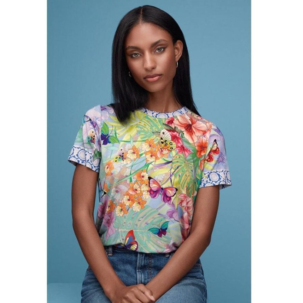 Johnny Was Cozumel Favorite Swing Tee Shirt Floral Butterfly Top Violet Green NW